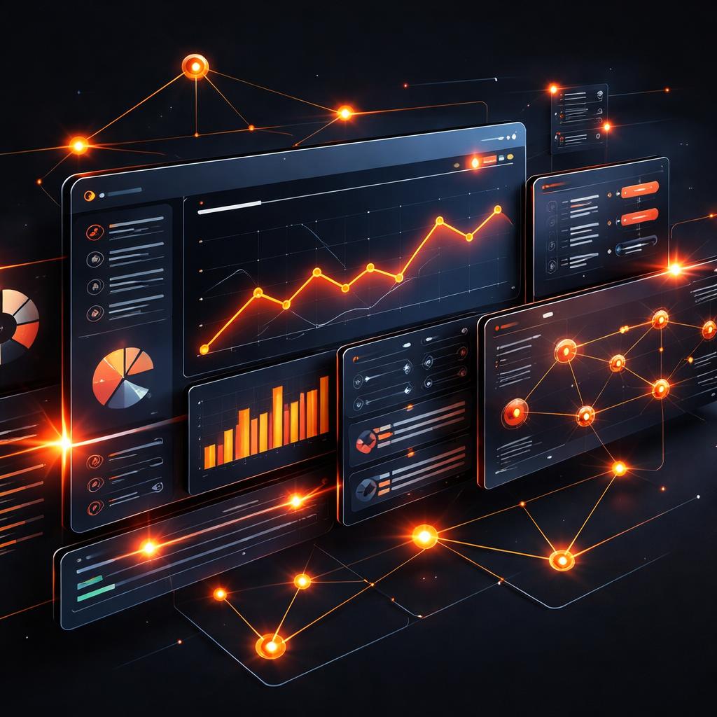 Cinematic Dashboard UI A multi-panel dashboard interface with glowing data nodes