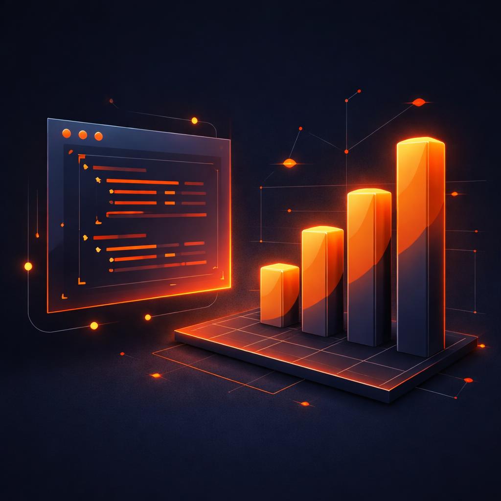 Data to Video Pipeline A JSON tree composing a glowing 3D bar chart