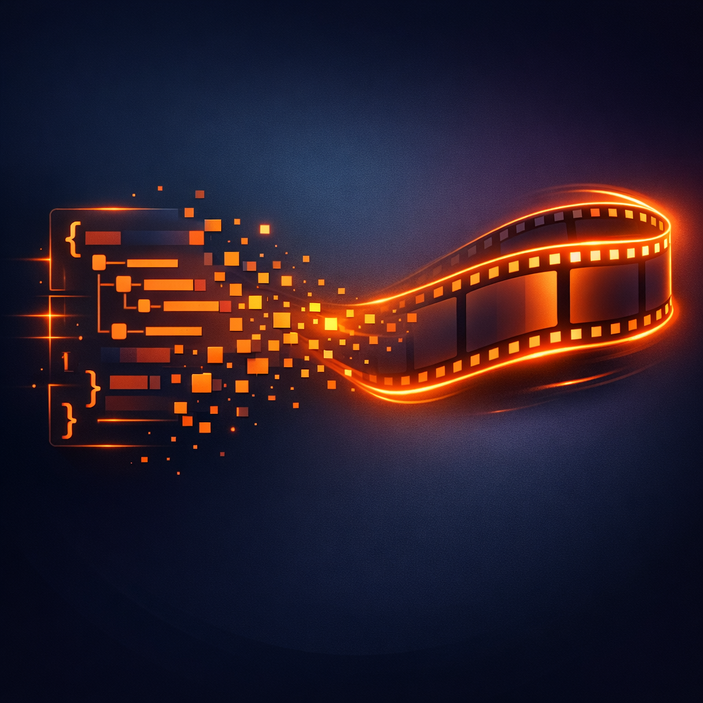 Abstract representation of a JSON code block transforming into a glowing video film strip.