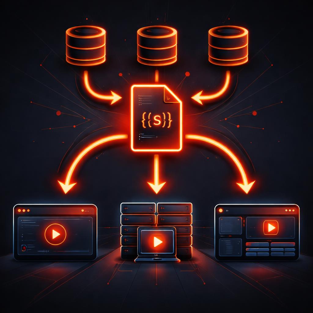 A technical diagram of a video rendering pipeline showing data flowing into JSON and splitting into three renderers.