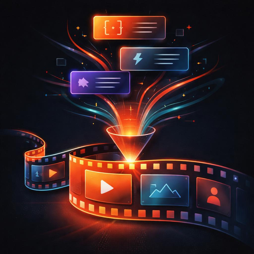 A technical illustration of a code-driven video pipeline showing abstract blocks representing language layers being composed into a video film strip.