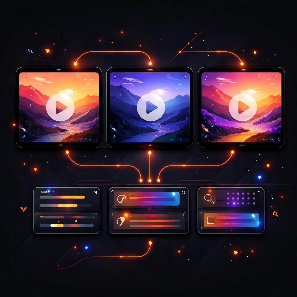 An abstract three-up split screen showing a single video frame being processed through different variations.