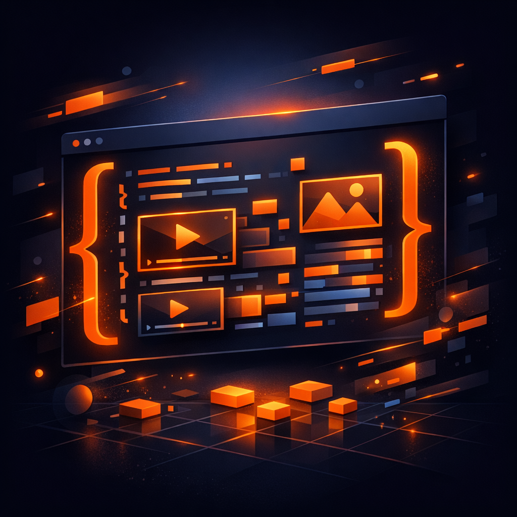 VideoFlow's JSON-based approach to video composition. Abstract code blocks representing VideoJSON structure
