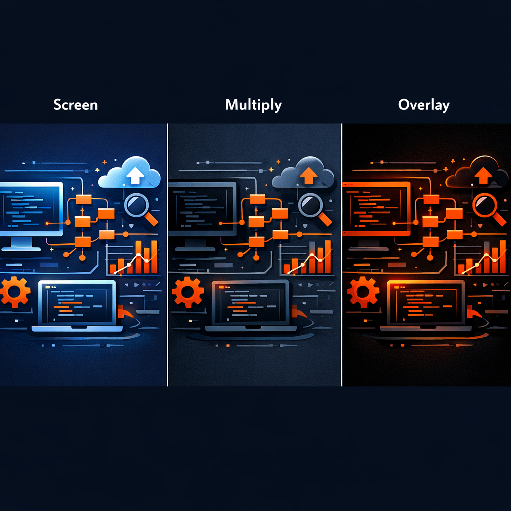 Visualizing Screen, Multiply, and Overlay blend modes in VideoFlow Comparison of different blend modes applied to the same visual subject