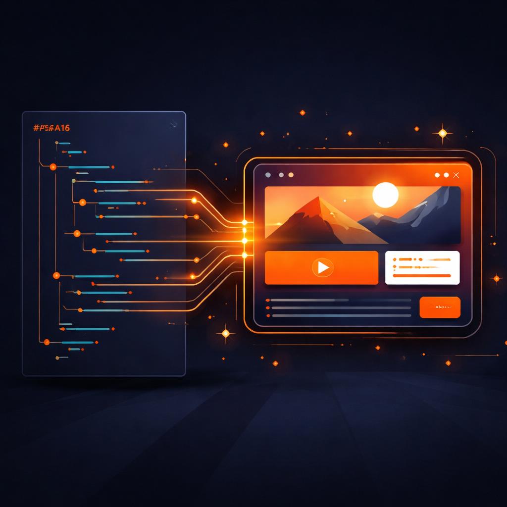 VideoJSON as the foundation for programmatic video A JSON tree expanding into a vibrant video frame with multiple layers