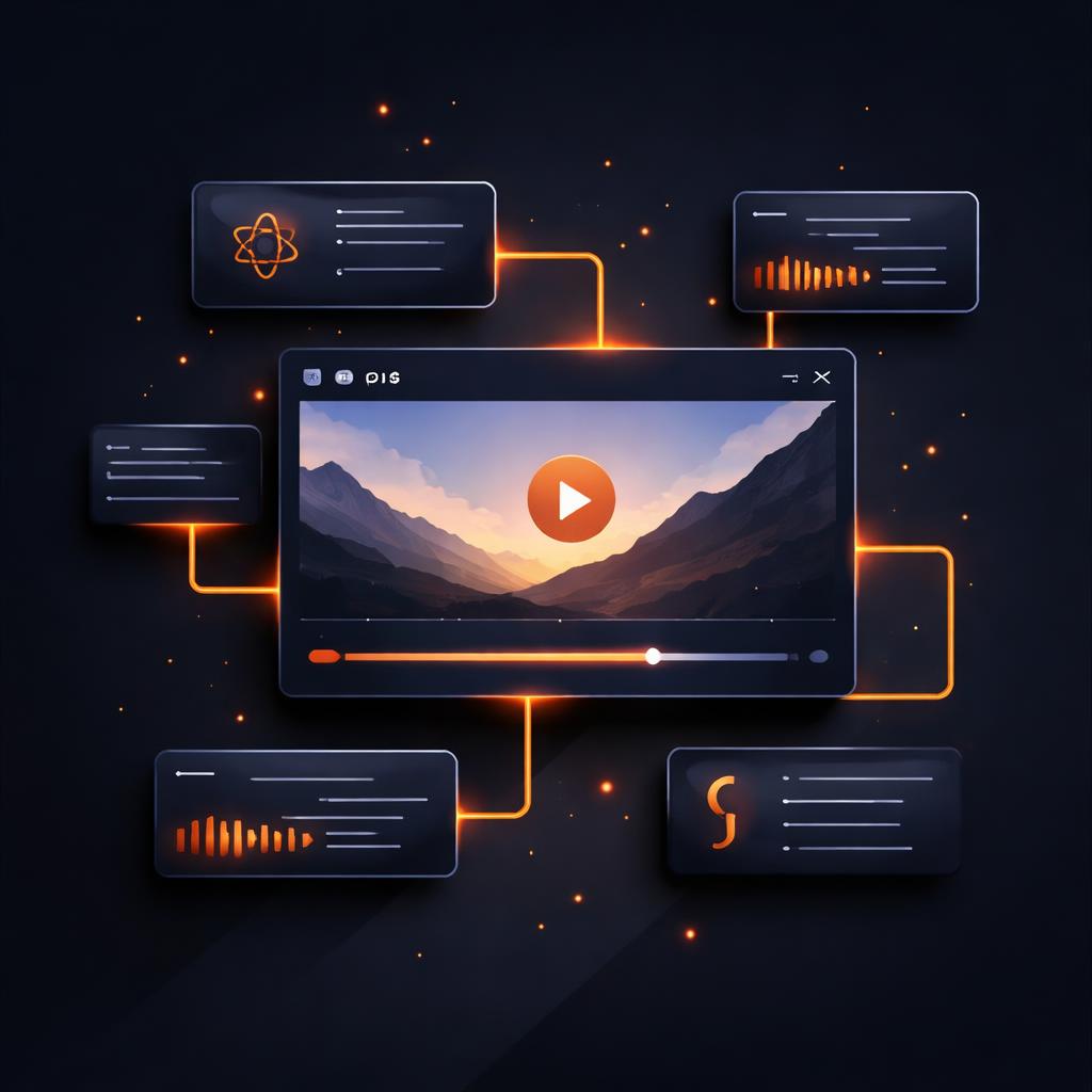 Connecting React logic to high-performance video rendering Abstract representation of React hooks connecting to a video preview window