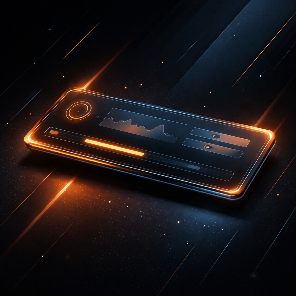 A sleek UI card component floating in a digital workspace