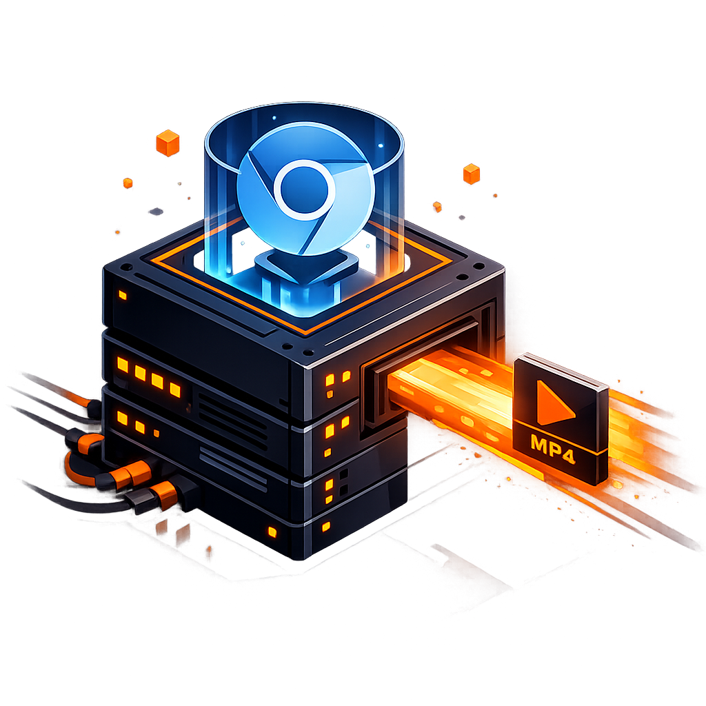 A headless browser icon (Chromium) inside a server node, outputting an MP4 token.