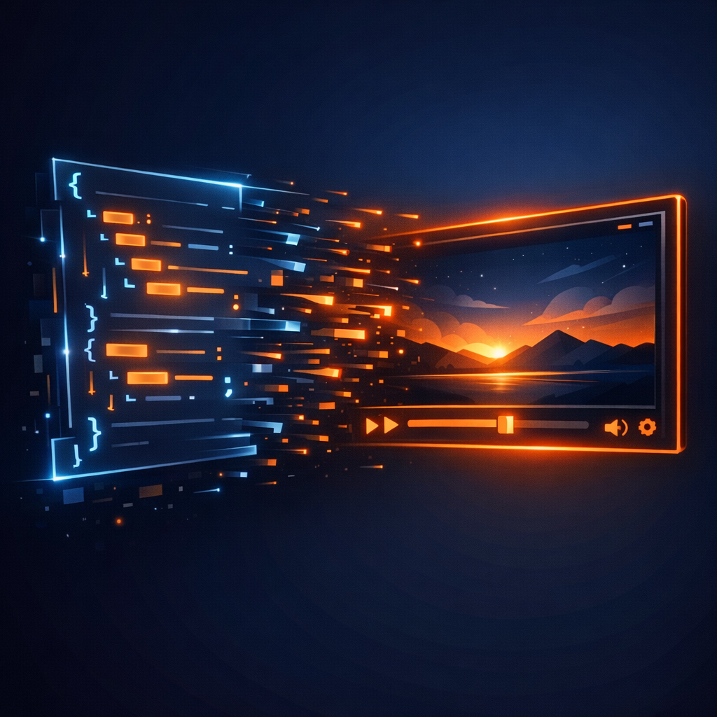 A stylized JSON document morphing into a video frame.