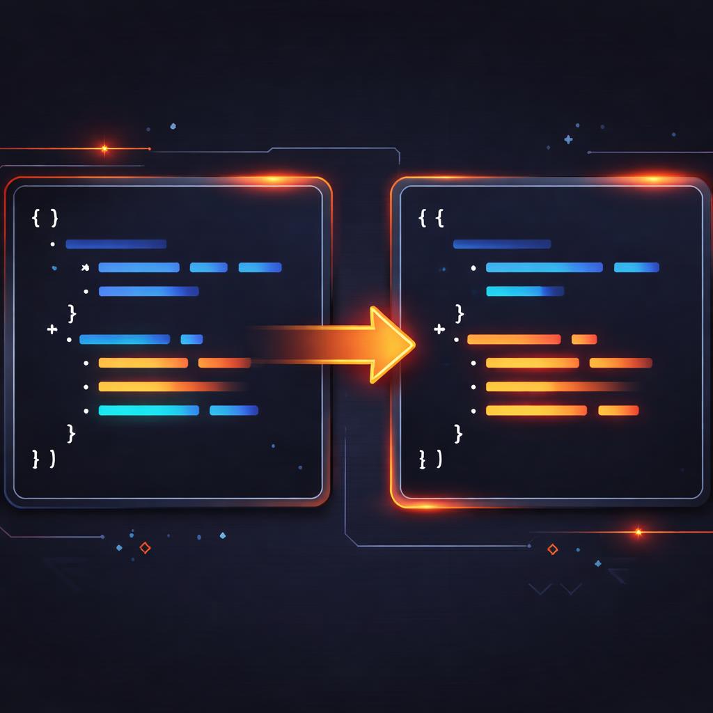 A side-by-side comparison of two JSON code blocks with highlighted diffs, representing a change in a video timeline.