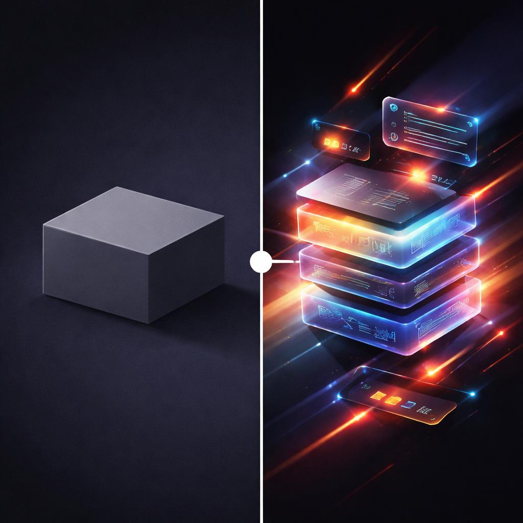 Plain text vs. a stacked GLSL effect composition Before and after comparison of GLSL effect stacking