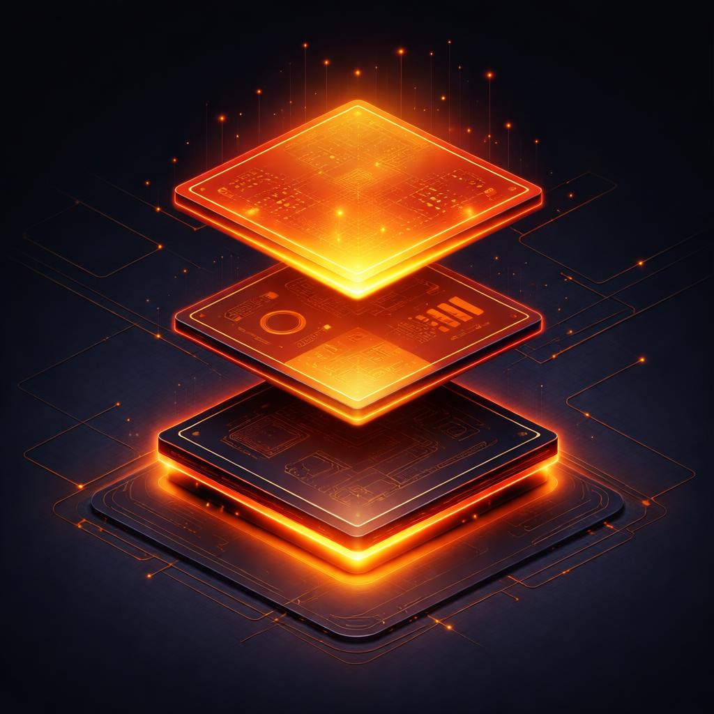 Visualizing the shader pass stack in VideoFlow A technical isometric diagram showing a vertical stack of three glowing geometric plates.