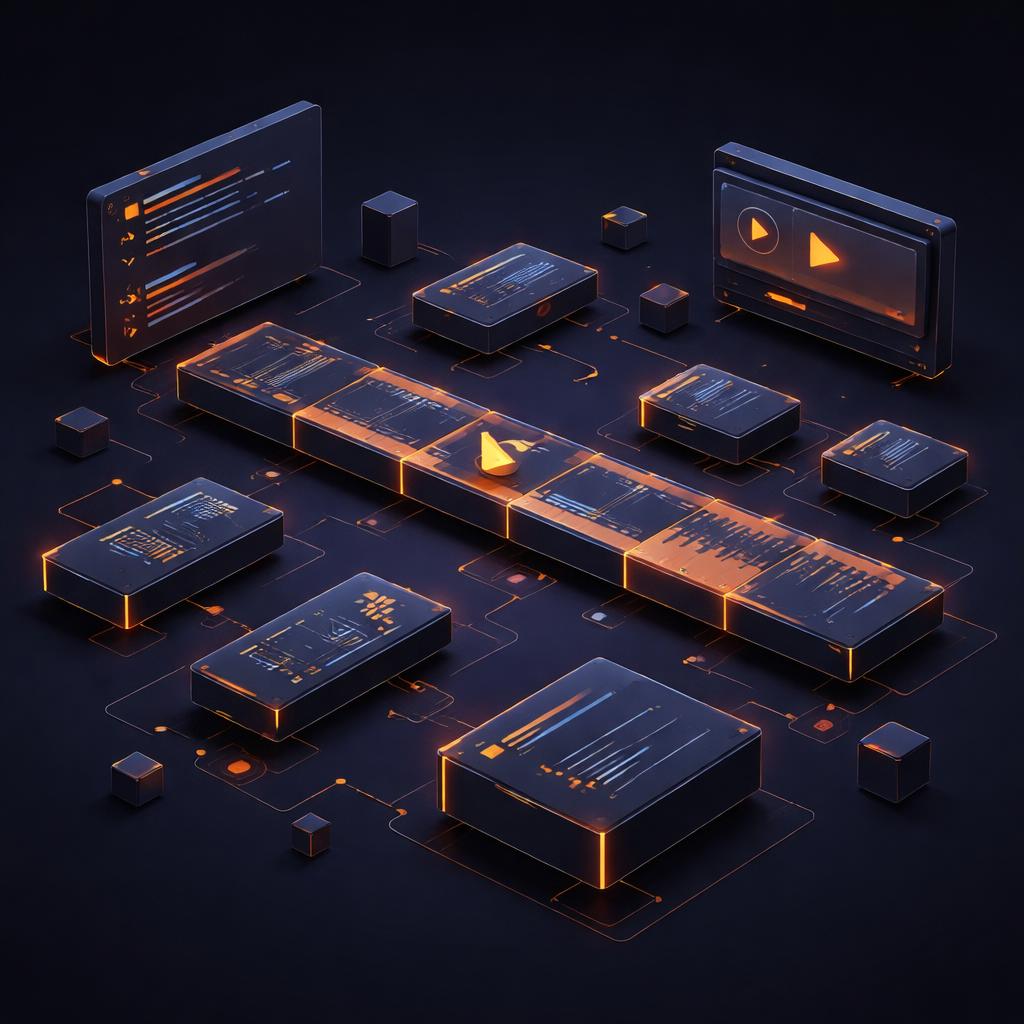 A technical diagram of a video timeline being composed from modular blocks of code
