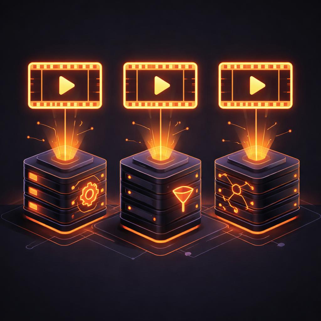 A visual representation of three identical film frames being processed by three different server icons