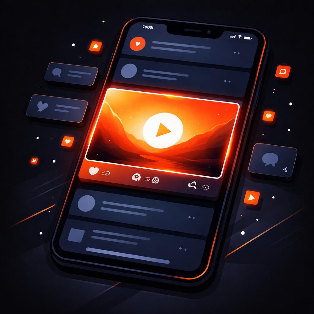 Video previews stand out in the feed A stylized social media feed with a video preview highlighted