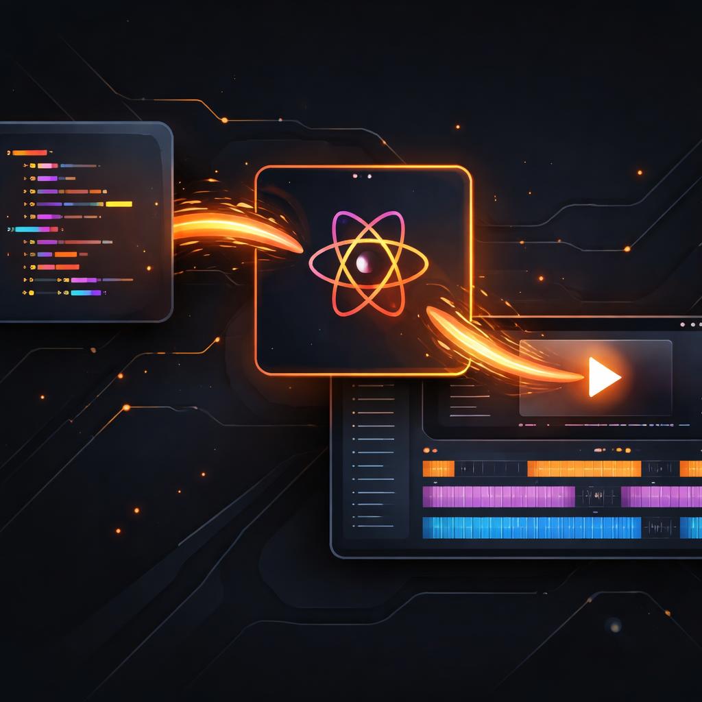 A technical diagram showing JSON flowing into a React component and transforming into a video timeline. Architecture of the VideoFlow React Editor