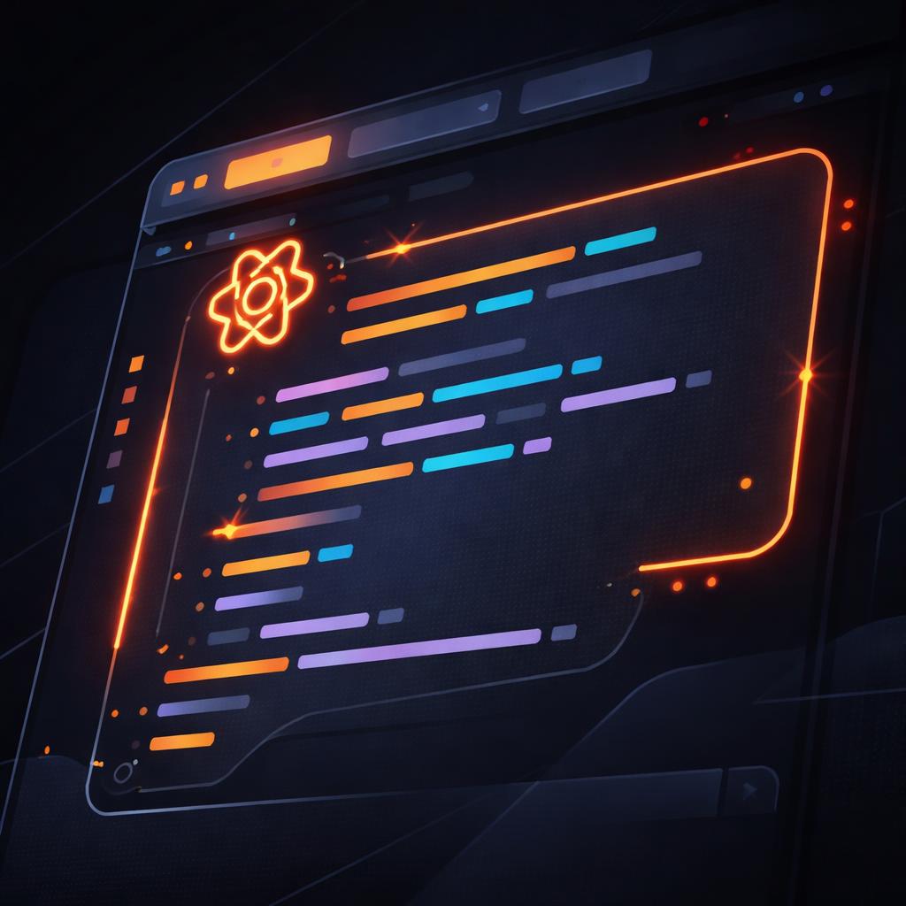 A close-up code editor showing a React component with a stylized tag, glowing with vivid orange accents. The VideoEditor Component