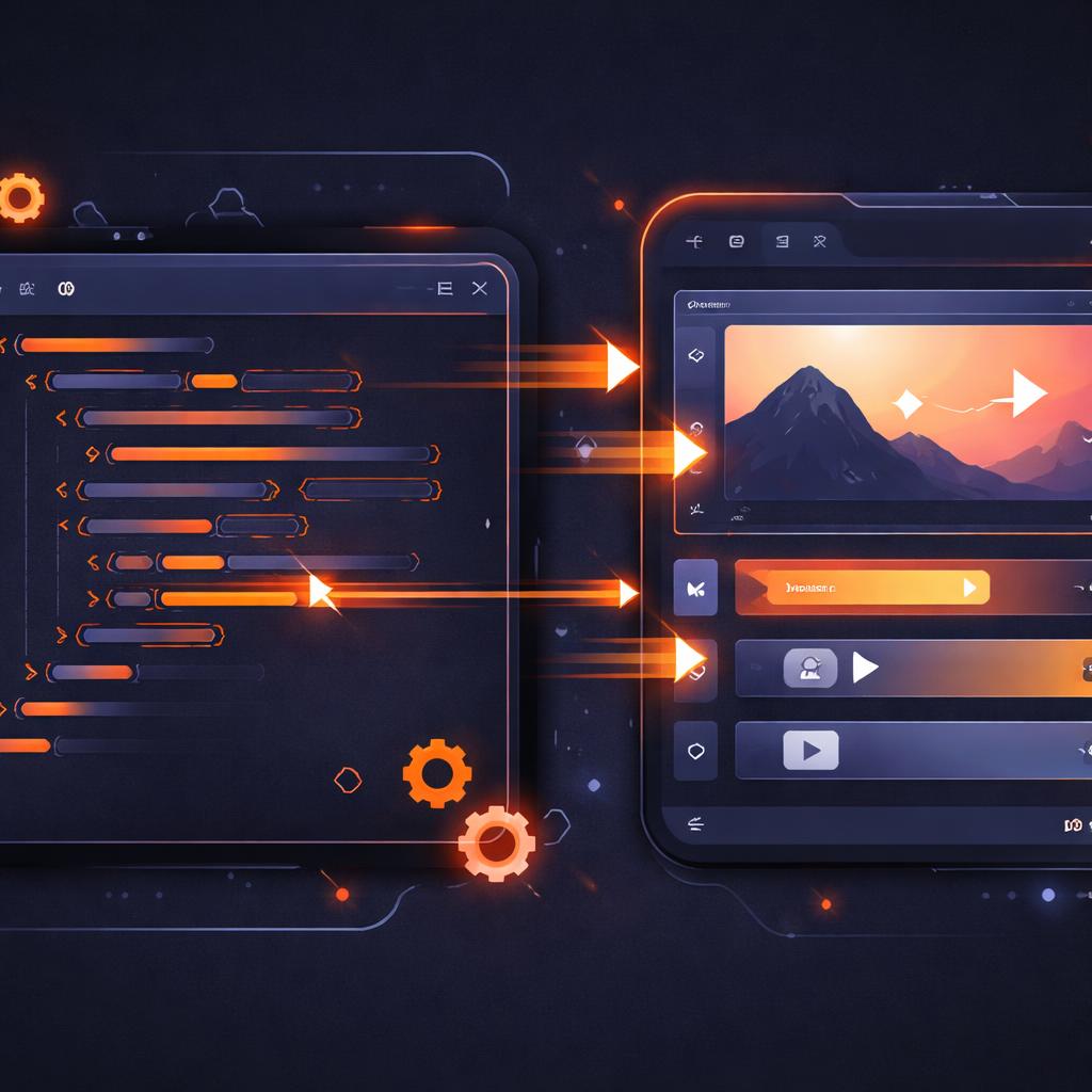 A clean code editor showing the VideoFlow builder pattern next to a rendered video frame.