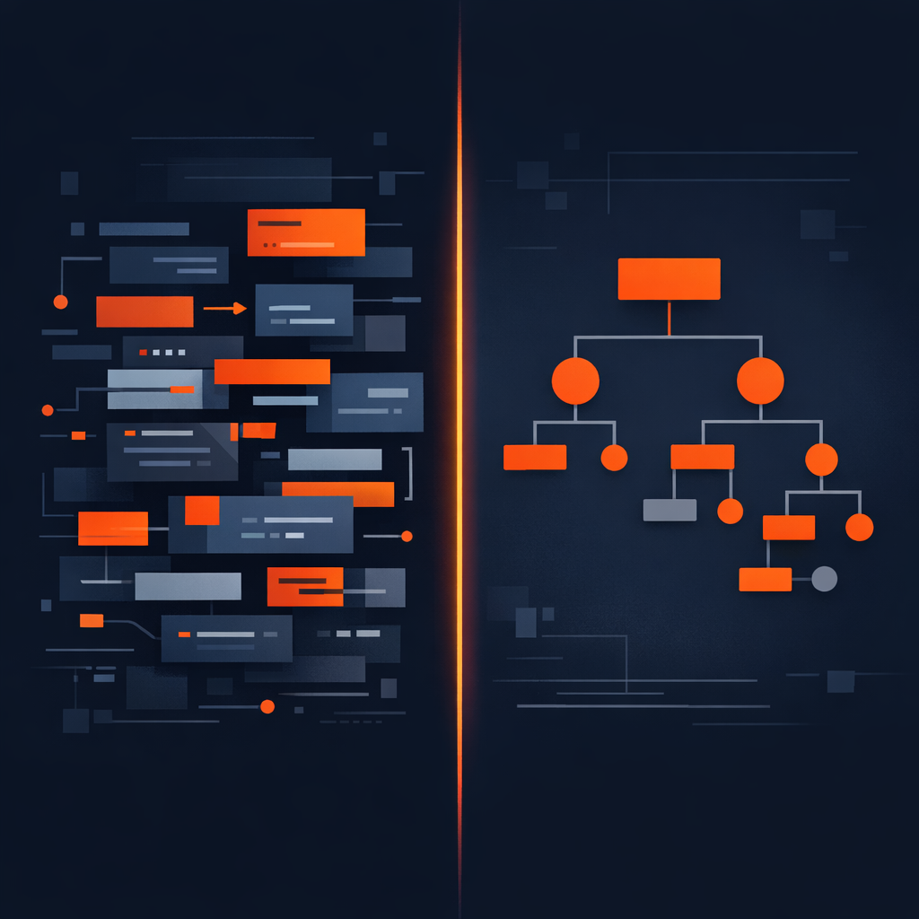 A comparison diagram showing complex code blocks evolving into an elegant JSON tree structure. FFmpeg vs VideoFlow architecture comparison