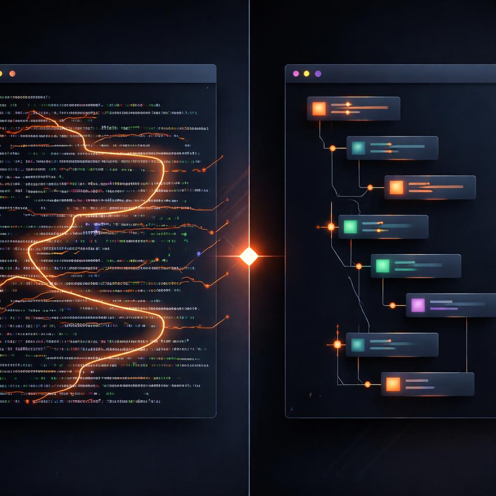 FFmpeg vs VideoFlow Comparison Comparing messy FFmpeg commands to clean VideoFlow JSON