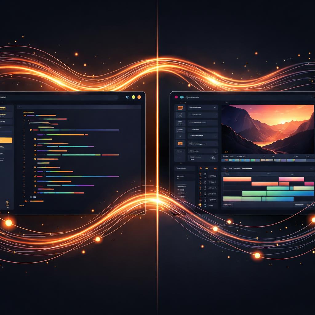 A stylized visualization of code transforming into a professional video editing timeline