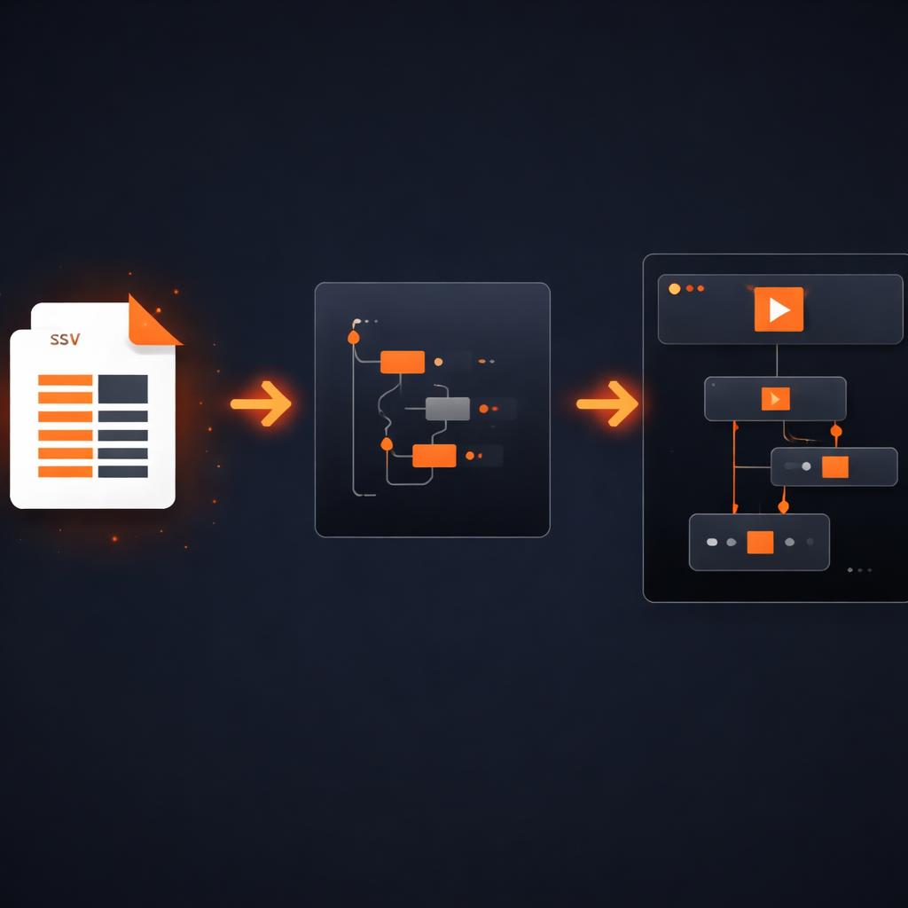 A technical diagram showing a CSV file being parsed into a JSON structure, which then feeds into a VideoFlow builder block.