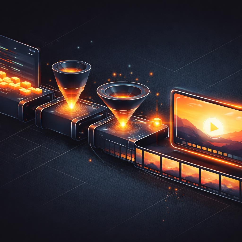 A pipeline of glowing orange blocks representing a video render flow.
