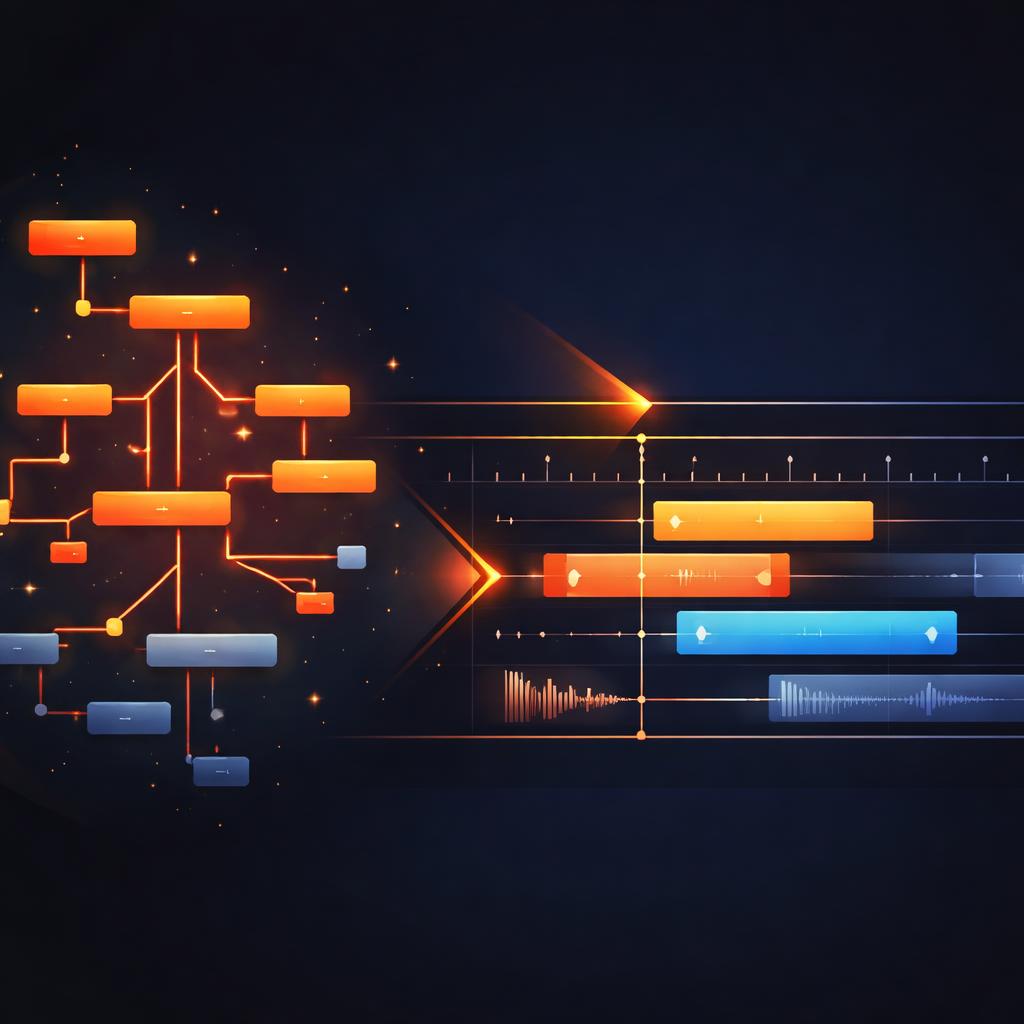 The data-to-video pipeline architecture. A JSON tree structure transforming into a video timeline