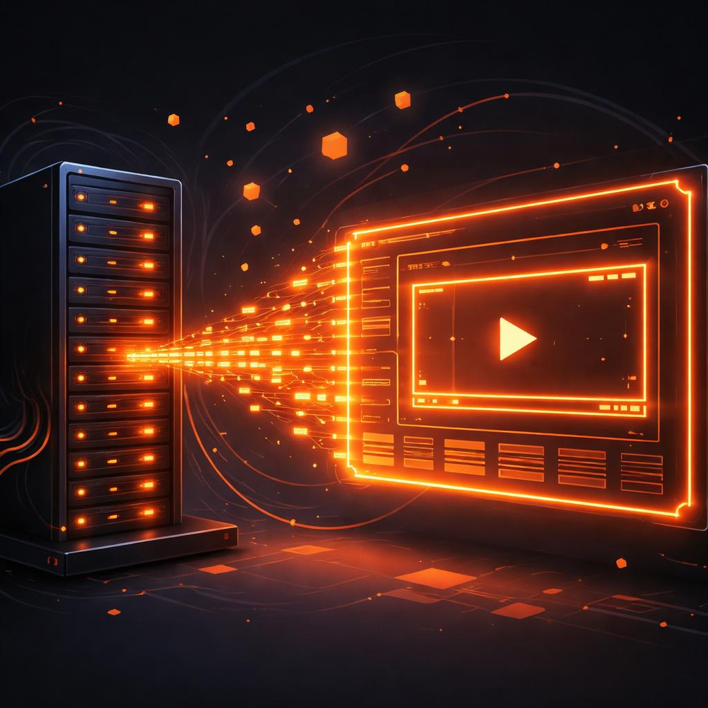 Headless server-side rendering for automated pipelines. A server rack emitting data packets that form a video frame