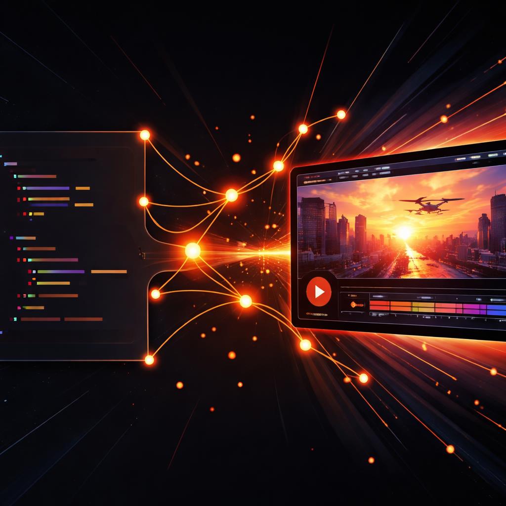 From JSON to cinematic video A JSON code block transforming into a cinematic video frame