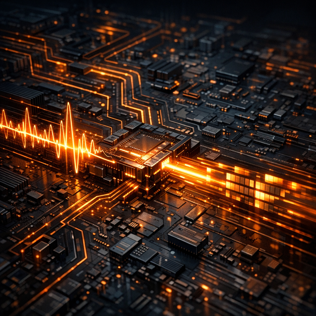 Abstract visual representation of a high-speed video rendering pipeline as a circuit board