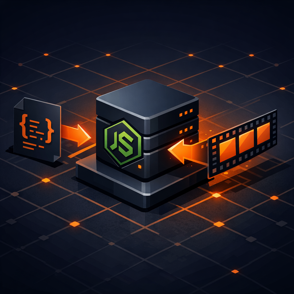 A Node.js server icon receiving a JSON document and outputting a film strip