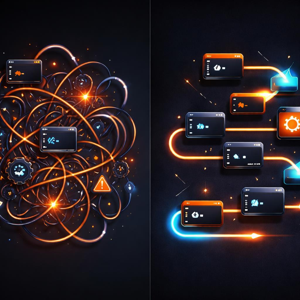 A comparison graphic showing a messy, tangled web of shell commands on the left vs a clean, linear pipeline of blocks on the right.