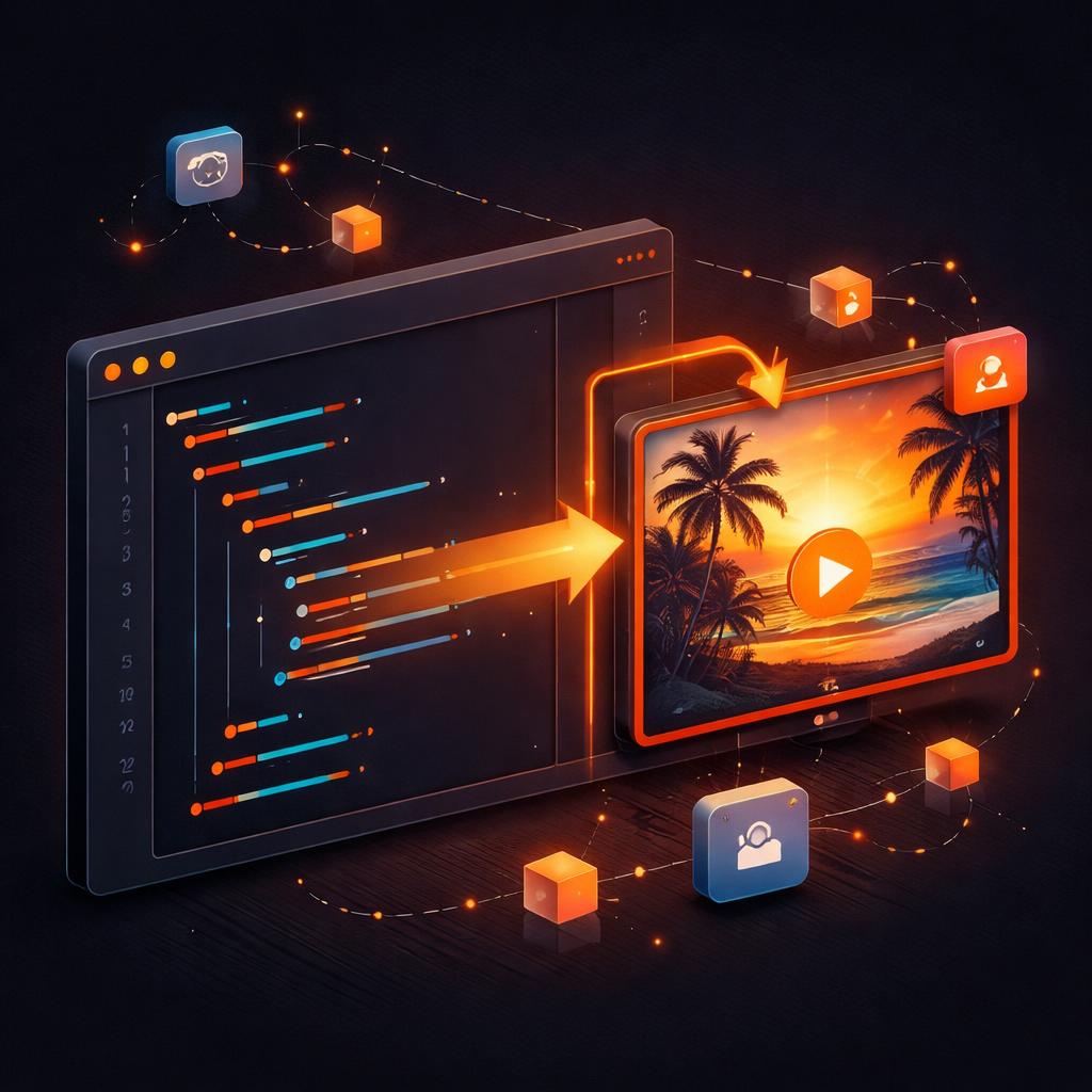 A stylized code editor showing a JSON tree structure transforming into a finished video frame