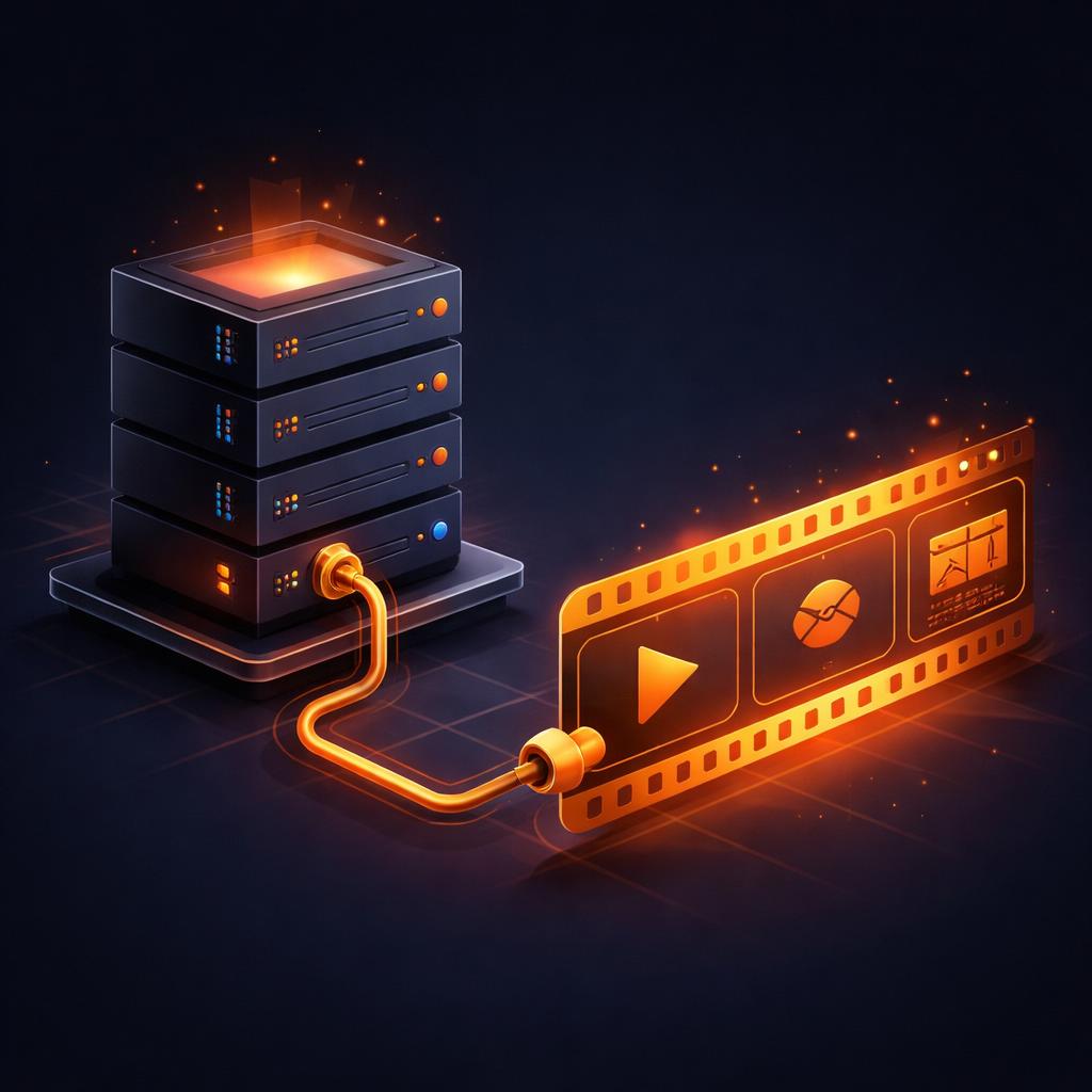 A technical diagram of a server rack connected to a glowing film strip by an orange pipeline