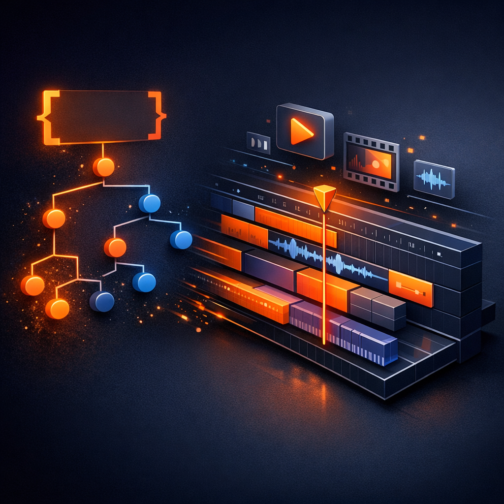 A technical diagram showing an AI agent emitting JSON that transforms into a video timeline. AI Agent Architecture for Video Generation