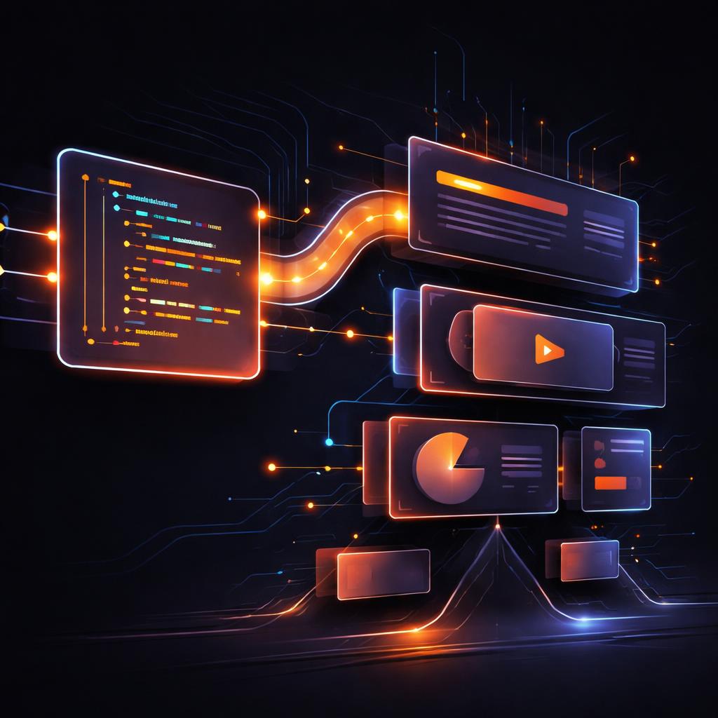 Technical diagram showing VideoJSON flowing into a DOM tree with text, video, and shape layers. Architecture of the DOM Renderer