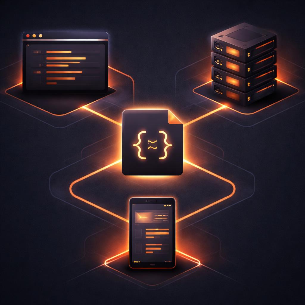 VideoJSON's portable rendering architecture A technical diagram showing a single central JSON document branching out to three distinct rendering environments