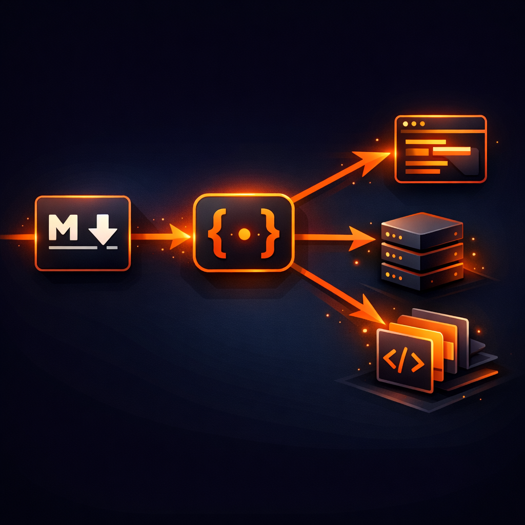 A technical diagram showing a Markdown icon connected to a JSON token, which then connects to three renderer icons.