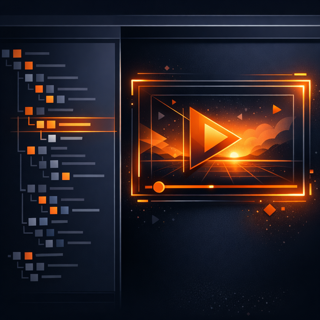 A close-up of a code editor window showing a structured data tree on one side and a glowing video frame on the other.