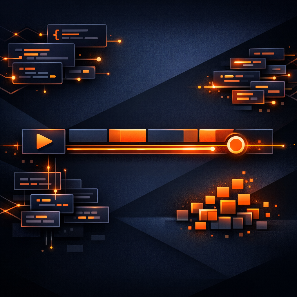 A technical diagram showing the pipeline from Markdown to VideoFlow JSON to MP4 Automated Video Pipeline