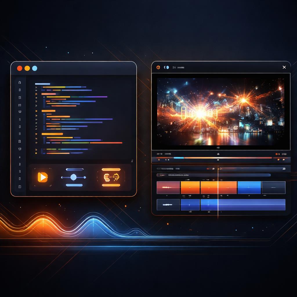 A stylised representation of code transforming into a video frame with complex blending