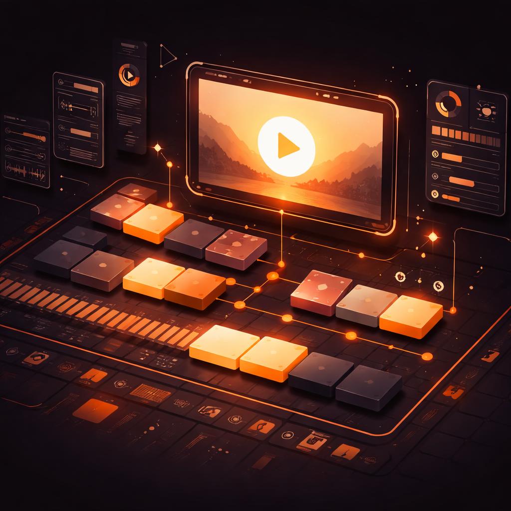 Composing complex animations on the VideoFlow timeline A stylized video timeline showing blocks being composed