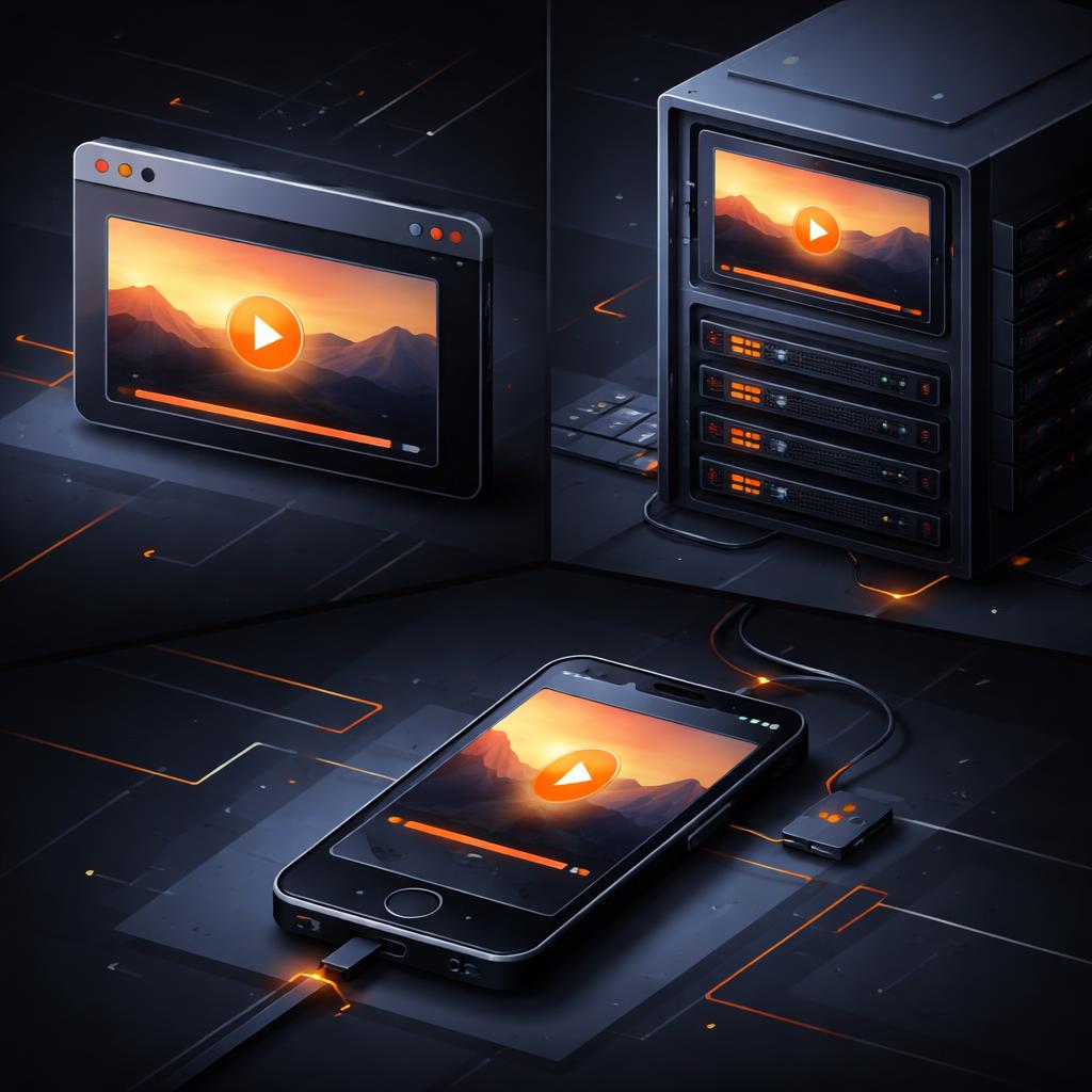 Cross-platform rendering with VideoFlow A split screen showing browser, server, and mobile rendering the same frame