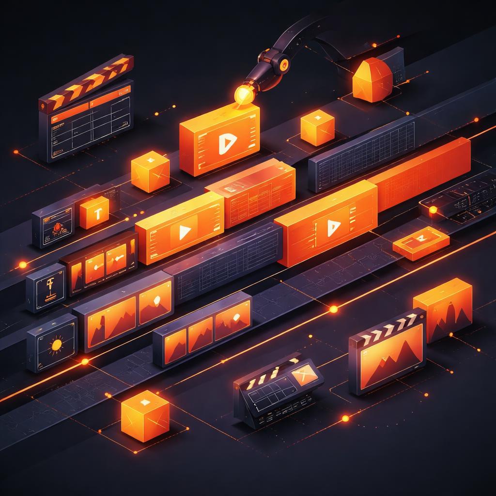 Building a timeline with VideoFlow A video timeline being assembled from glowing orange blocks