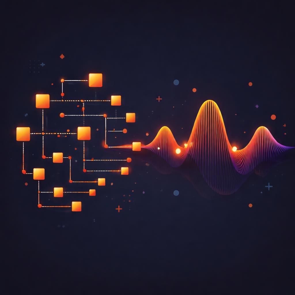 A stylized JSON tree structure transforming into a smooth video waveform