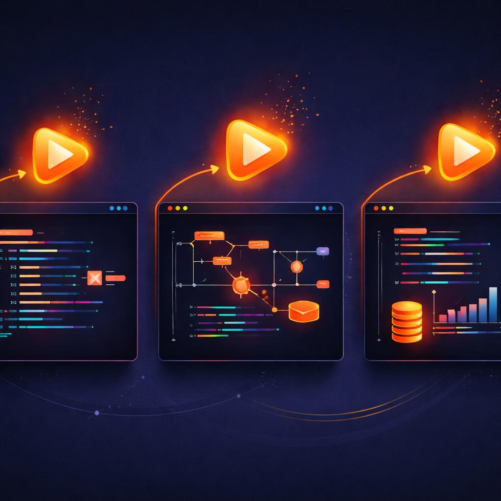 Three distinct terminal windows emitting a unified orange glowing token