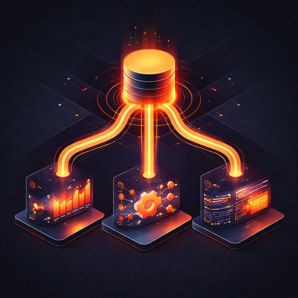 A technical diagram showing data flow from a central source into three distinct output pipelines. Architecture of a seamless video pipeline