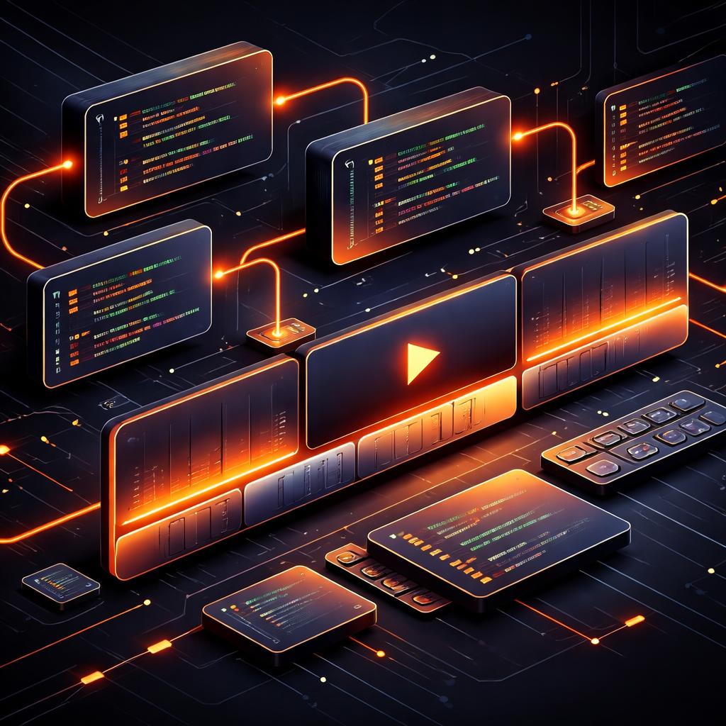 An abstract visualization of a video timeline being assembled from modular blocks of code and JSON data. Workflow of a video pipeline from JSON to renderers