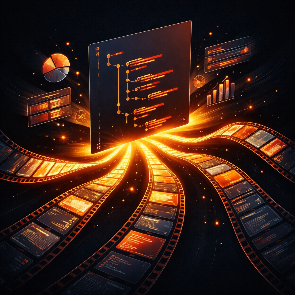 VideoJSON portability A portable JSON tree expanding into cinematic film strips